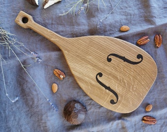 Handmade music cutting board, Engraved wooden violin cheese or bread board with handle, Unique music lovers / teachers gift, F hole, Cello