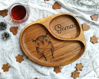 Personalized children's wooden plate, Hand engraved owl plate, Eco friendly baby toddler weaning sectioned plate, Unique baby shower gift