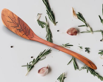Unique handmade wooden cooking spatula with hand engraved rosemary, Spices herbs illustration, Pyrography wood art, Design serving spatula
