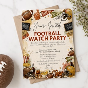 May include: A rectangular football watch party invitation card featuring illustrations of footballs, helmets, pennants, popcorn, and snacks. The text reads: You're Invited! FOOTBALL WATCH PARTY, Sunday, October 18th, 3:00 PM, and event details.