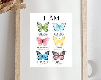 Arte de pared de afirmaciones positivas, impresión de mariposa, arte de pared de niñas, decoración de guardería, imprimible digital, palabras para mujer, basado en la fe, versículo bíblico