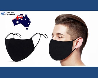 Face Mask - High Quality 3 Layer Black Washable Cotton Fabric with Adjustable Band/Straps. Masks Sent in Sealed Packaging Within Australia