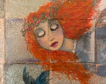 Angel, distressed, red head, beautiful crackle finish