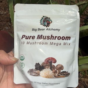 Può includere: Busta bianca di Big Bear Alchemy Pure Mushroom 10 Mushroom Mega Mix. La busta presenta un logo di orso colorato e illustrazioni di vari funghi. È etichettata USDA Organic, senza OGM e contiene 100 g di integratore alimentare.
