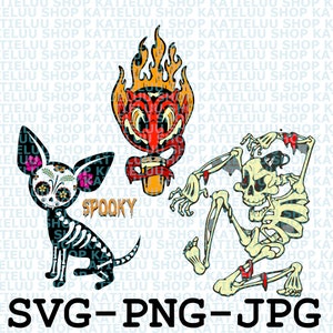 May include: A digital illustration of three spooky Halloween characters. A red devil holding a beer mug, a skeleton with a pirate eye patch, and a sugar skull chihuahua.