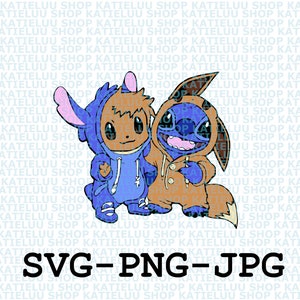 Stitch en Eevee png, Stitch en Pokemon Eevee svg, png. Personages vrienden png, svg digitale download.