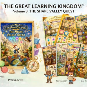 Könnte beinhalten: Das Lernset The Great Learning Kingdom Volume 3: The Shape Valley Quest enthält ein illustriertes Buchcover, mehrere Spielbögen und Spielfiguren wie einen Hasen, einen Fuchs und eine Eule, die alle mit bunten Formen gestaltet sind.