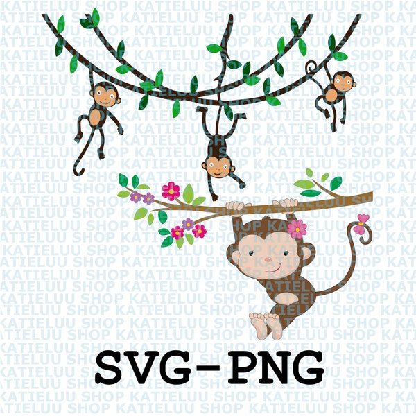 Cute monkeys hanging, Monkey Baby girl SVG PNG clipart-Nursery-animal, cute animal to make decor birthday, cake. Watercolor monkey Vector.