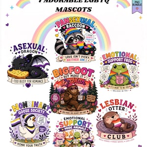 Pode incluir: Um pacote de gráficos digitais intitulado PRIDE CREATURE SOCIETY com sete ilustrações de mascotes LGBTQ, incluindo um dragão assexual, um guaxinim pansexual, um bigfoot lésbico, um sapo de apoio emocional e um ganso não binário.