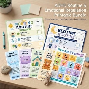 May include: A collection of printable ADHD routine and emotional regulation tools. Includes morning and bedtime routine charts, calm down tools, and a feelings chart. The items are arranged on a light wood surface with a small toy rabbit and a pencil.