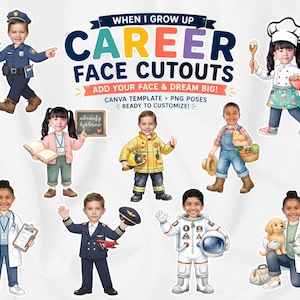 May include: A digital collection of career-themed face cutouts featuring illustrations of children dressed as a police officer, chef, teacher, firefighter, farmer, doctor, pilot, astronaut, and veterinarian with the text WHEN I GROW UP CAREER FACE CUTOUTS.