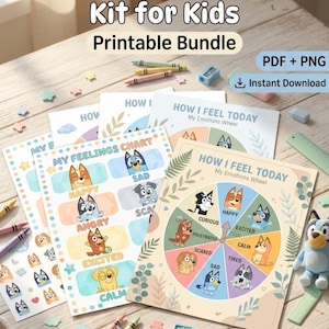 Può includere: Un pacchetto stampabile per bambini, con un "Kit di Regolazione Emotiva". Il kit include grafici e una ruota delle emozioni con illustrazioni di cani dei cartoni animati. Pastelli, un temperamatite e coriandoli a forma di stella sono sparsi.