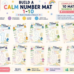 以下が含まれることがあります： Build a Calm Number Mat 1-10と題された10枚の印刷可能な教育用マットのセット。各マットには大きな数字、10マスのグリッド、カラフルな漫画のキャラクターが描かれており、数え方や呼吸法、組み立てに関するテキストの指示が含まれています。