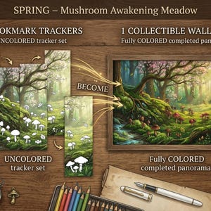 Cottagecore Pilz Wald Lese Tracker, gemütliches Frühling druckbares Lesezeichen Set | Lese Herausforderung Wand Kunst | Gemütliches Waldbuch Liebhaber Geschenk