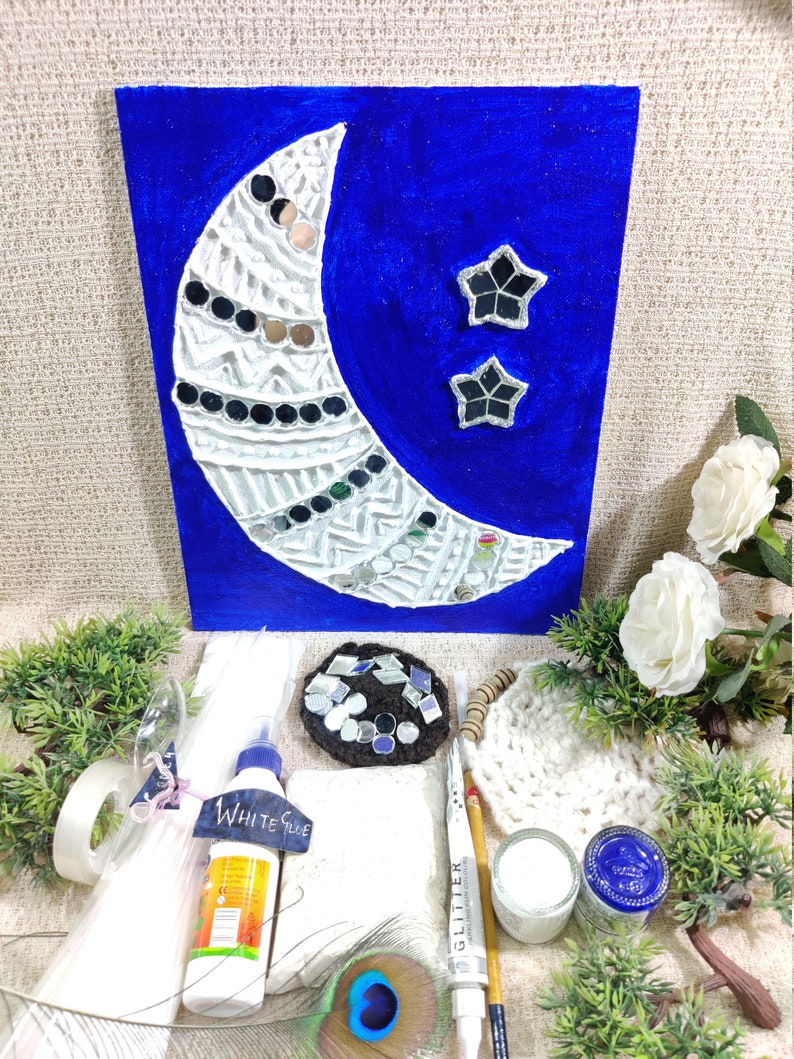 Texture wall art kit DIY Crescent Moon Stars craft kit Holiday winter gift Simple fun mirror mosaic clay kit with all supplies included
