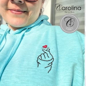 Sudadera con capucha Hand Heart, sudadera coreana K-Pop, sudadera asiática love, sudadera con capucha I love you, sudadera K-Drama, sudadera con capucha bordada Love Fingers