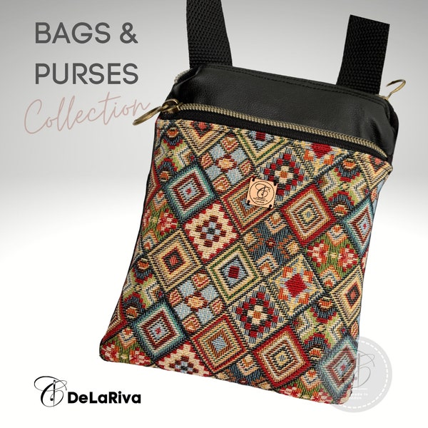 Crossbody sling bag for mobile and small items.  Travel double zippered bag - Gifts for her - Small zippered bag for phone.