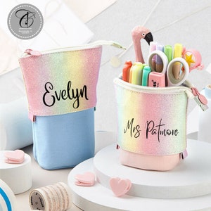 Personalised Standing Glittery pencil case | Pop-Up stationery / Make up case  | Pouch Case | Back to School| Retractable Pencil Holder.