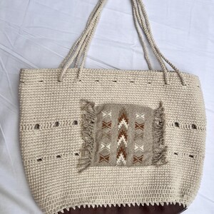 Handmade Neutral-Toned Tote Bag with Tribal Embroidery and Faux Leather Base