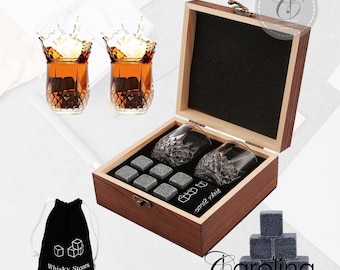 Personalised Wooden Whiskey Box with Tester Glasses, Stones & Pouch - Customised Gift Set