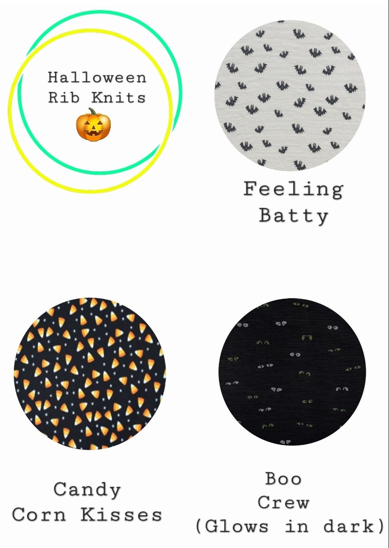 Op de afbeelding: Vier verschillende ontwerpen van Halloween-sokken. De eerste sok is geel en groen met de tekst "Halloween Rib Knits" en een jack-o-lantern. De tweede sok is grijs met een zwart vleermuispatroon. De derde sok is zwart met een geel en oranje candy corn-patroon. De vierde sok is zwart met een groen en wit spookoogpatroon. De tekst "Feeling Batty" staat onder de tweede sok. De tekst "Candy Corn Kisses" staat onder de derde sok. De tekst "Boo Crew (Glows in dark)" staat onder de vierde sok.