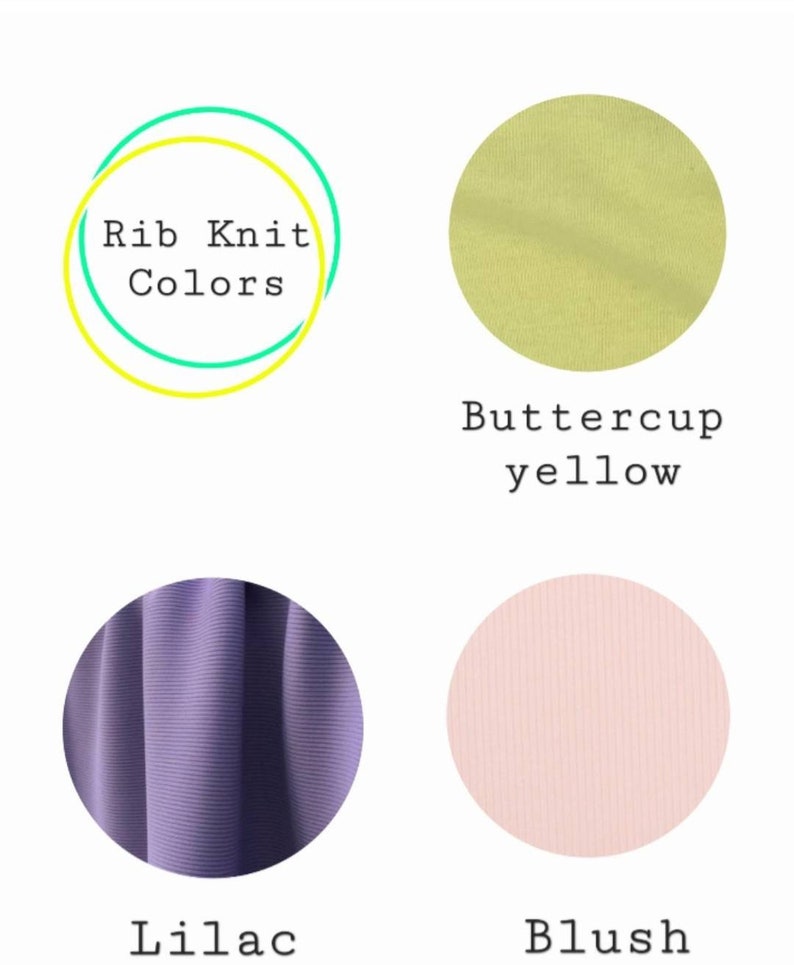 Op de afbeelding: Vier stofstalen die verschillende kleuren rib gebreide stof laten zien. De kleuren zijn boterbloemgeel, lila, blush en lichtgroen.