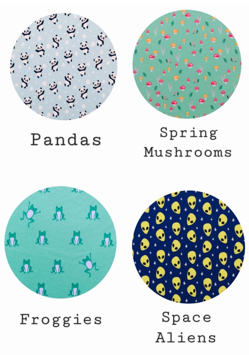 May include: Four different fabric swatches with various patterns. The top left swatch features a light blue background with white stars and black panda bears. The top right swatch features a light green background with white leaves, yellow flowers, and red mushrooms. The bottom left swatch features a light green background with green frogs. The bottom right swatch features a dark blue background with yellow stars and yellow alien faces.