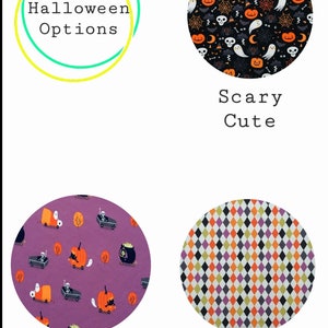 May include: Four different Halloween fabric designs. The first design is a black background with white ghosts, orange pumpkins, and black bats. The second design is a purple background with black skeletons riding in orange pumpkin carriages. The third design is a black background with a diamond pattern in orange, purple, green, and white. The fourth design is a black background with a white ghost, orange pumpkin, and black spider web.