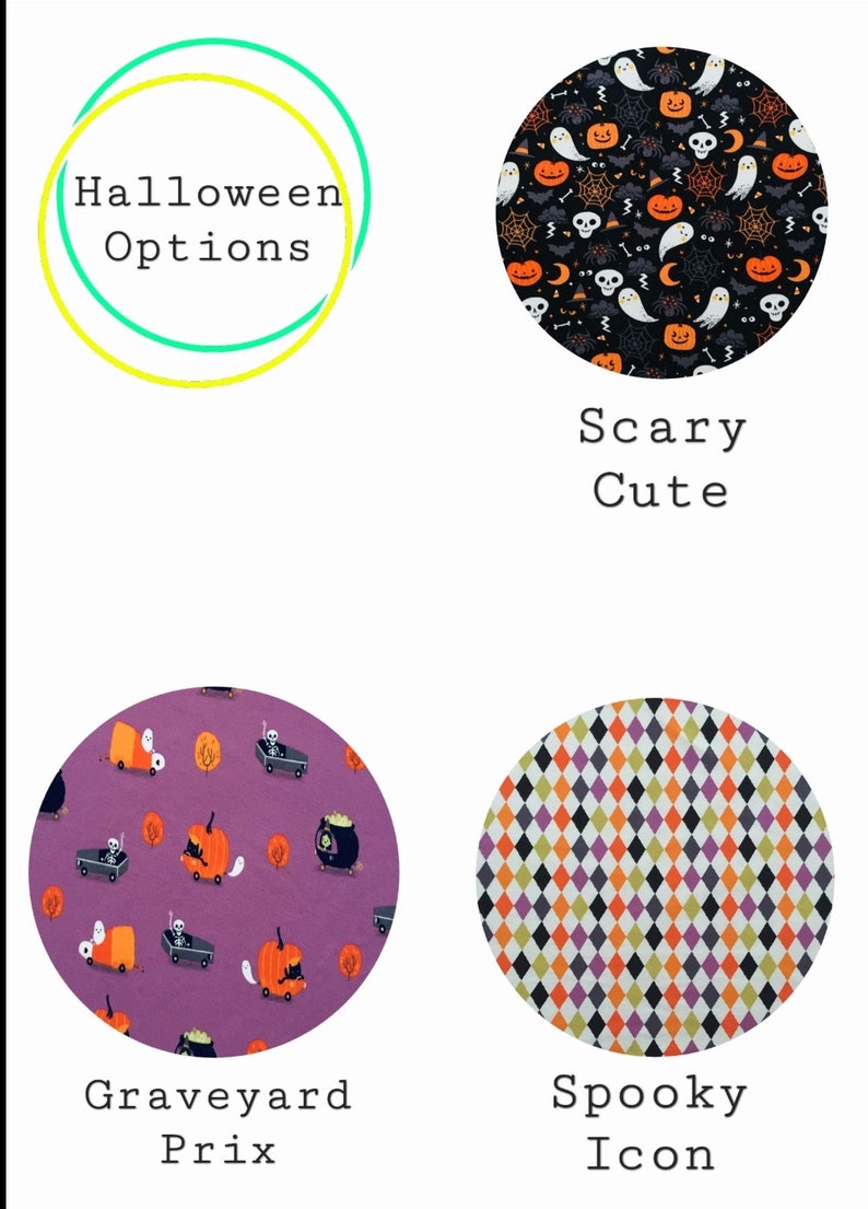 May include: Four different Halloween fabric designs. The first design is a black background with white ghosts, orange pumpkins, and black bats. The second design is a purple background with black skeletons riding in orange pumpkin carriages. The third design is a black background with a diamond pattern in orange, purple, green, and white. The fourth design is a black background with a white ghost, orange pumpkin, and black spider web.