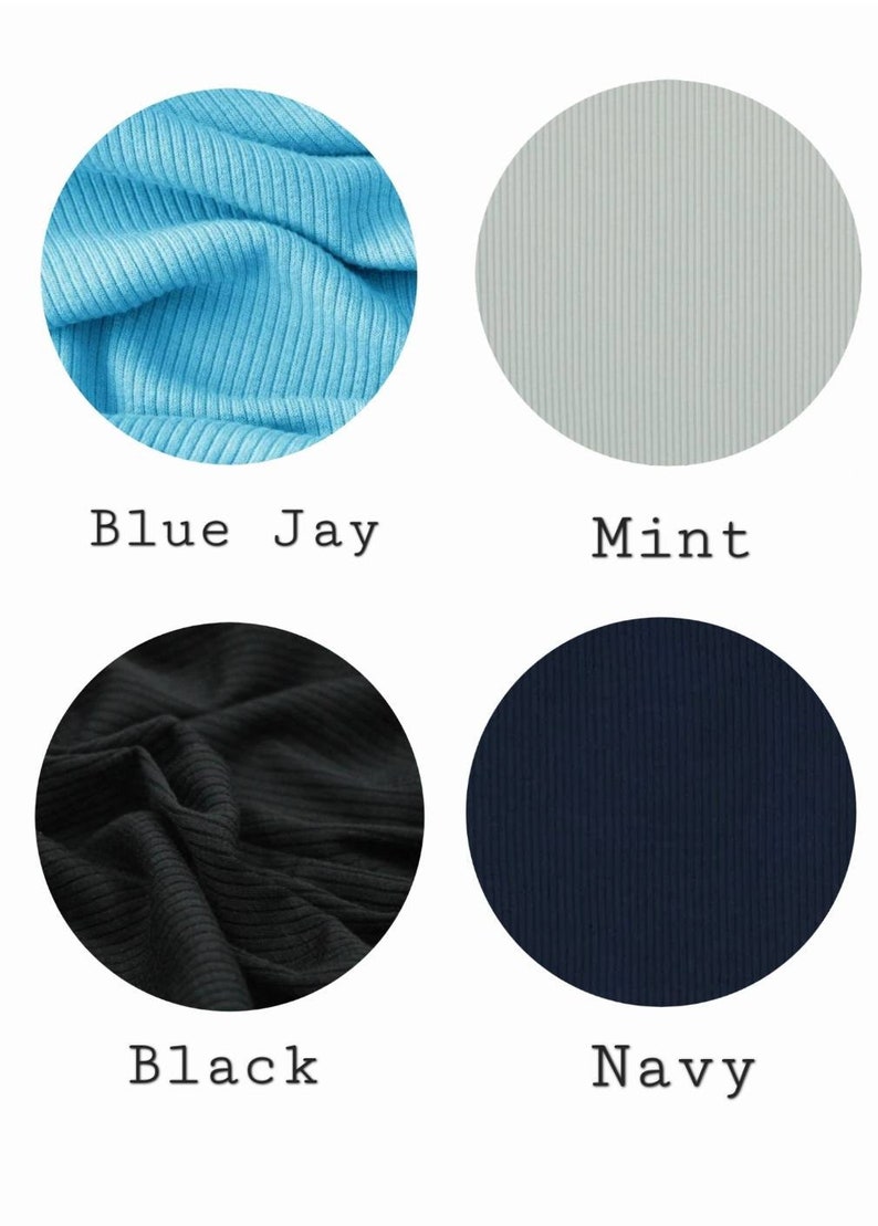 Op de afbeelding: Vier stofstalen in verschillende kleuren: blauw, mint, zwart en marine. Elke staal is een close-up van een geribbelde stof.