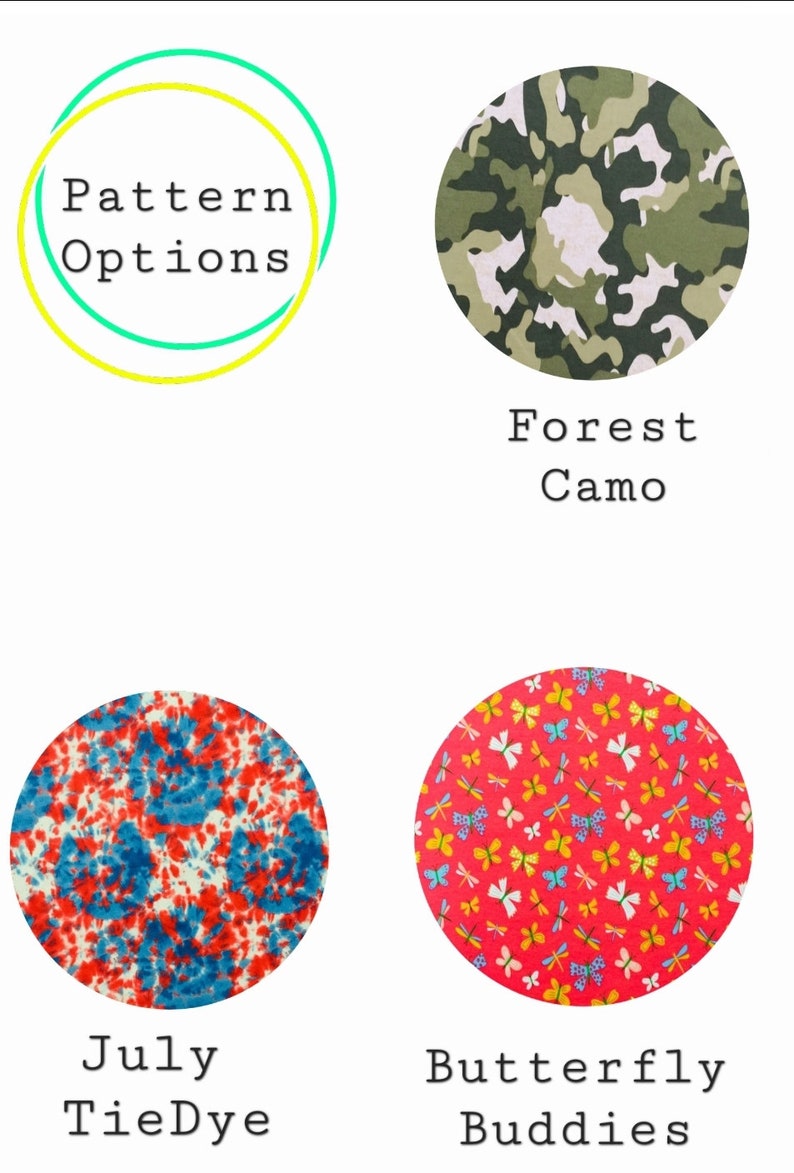 May include: Four fabric patterns for clothing or crafts.  The patterns are: Forest Camo, Butterfly Buddies, July Tie Dye, and a yellow circle with the text "Pattern Options".