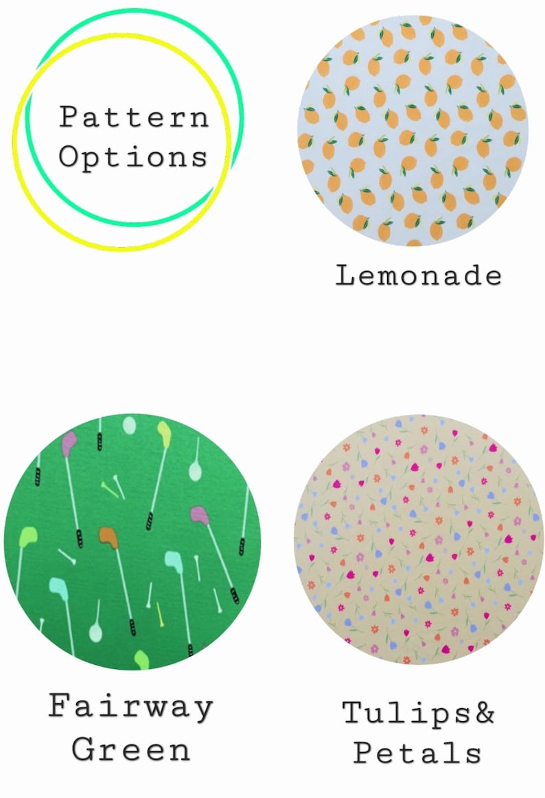 May include: Four fabric swatches with different patterns: lemons on a light blue background, golf clubs and tees on a green background, tulips and petals on a beige background, and the text "Pattern Options" in a yellow circle with a green outline.
