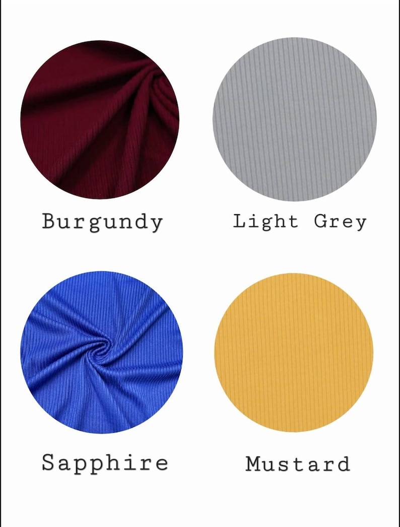 Op de afbeelding: Vier stofstalen in verschillende kleuren: bordeauxrood, lichtgrijs, saffierblauw en mosterdgeel. De stof heeft een geribbelde textuur.