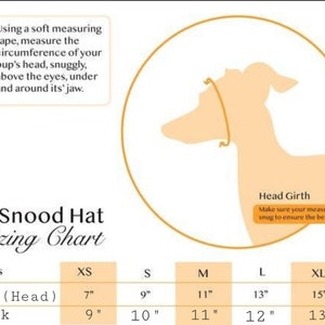 May include: A chart showing the sizing for snood hats for dogs. The chart shows the measurements for the head and neck in inches for sizes XS, S, M, L, and XL.