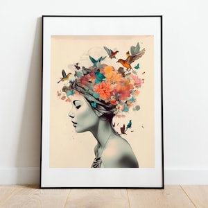 Imaginação - No. 1 - Linda Mulher com Colagem / Flores, Borboletas, Oníricas / Bonita colagem / Arte de inspiração / Pronta para imprimir