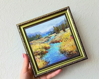 Landscape Painting 3D Art Impasto Texture Mountain River Painting Small Painting Impressions Wall Art 6" by 6"