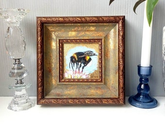 Bumblebee Painting Pittura a olio in miniatura con foglia d'oro incorniciata Arte dell'ape Bumblebee Wall Art 4" per 4"