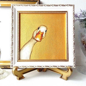 Pintura a óleo de ganso branco, pintura original emoldurada, pintura de gansos brancos, arte animal, decoração divertida para casa, presente para amigos, 6" x 6"
