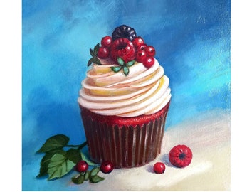 Cake painting  Raspberry cupcake  Food painting  Kitchen Art  Dessert painting 8" by 8"