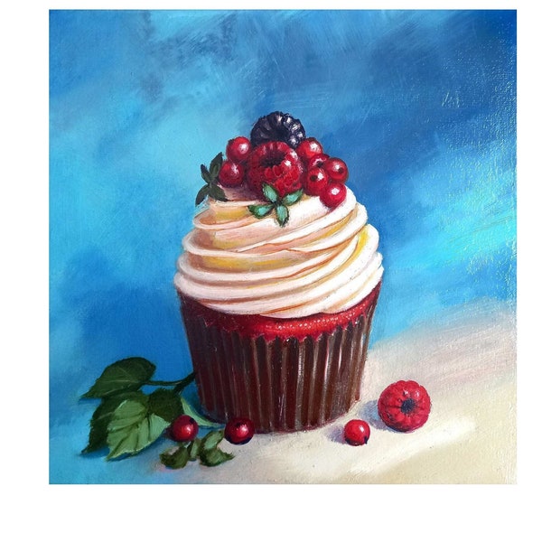 Peinture de gâteau Cupcake aux framboises Peinture alimentaire Cuisine Art Dessert peinture 8 » par 8 »