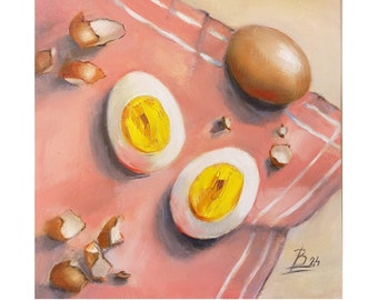 Eggs Painting Kitchen Art Food Painting Breakfast Painting Rural Art Vegan Gift 8" by 8"