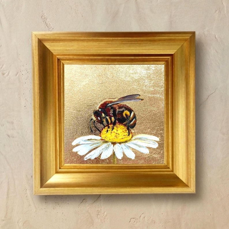 Honey Bee Painting With Gold Leaf: Framed Miniature Oil Art (4x4) - Etsy