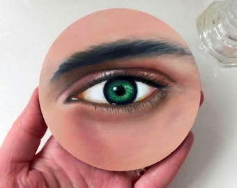 Dipinto a olio originale Eye: piccolo ritratto rotondo, decorazione da parete (4 pollici)