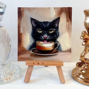 Black Cat Painting Coffee Latte Kitchen Art Funny Animals Gold Framed 4&quot; x 4&quot;