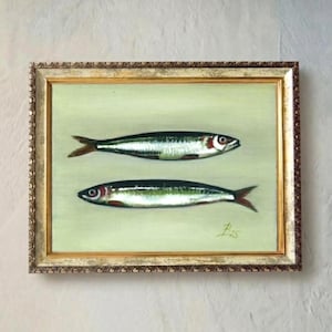 Sardine Painting: Original Seafood Oil Painting, Kitchen Wall Art (6x8)