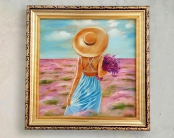 Lavender Field Oil Painting: Provence Landscape, Wildflowers Wall Art (8x8)