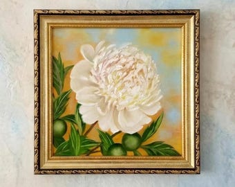White Peony Oil Painting Original Floral Wall Art Small Impasto Flower Painting 8x8 Living Room Decor Gift for Her