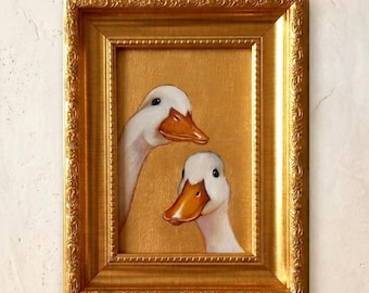 White Geese Oil Painting, Funny Duck Art in Gold Frame, Bird Decor 4" by 6"