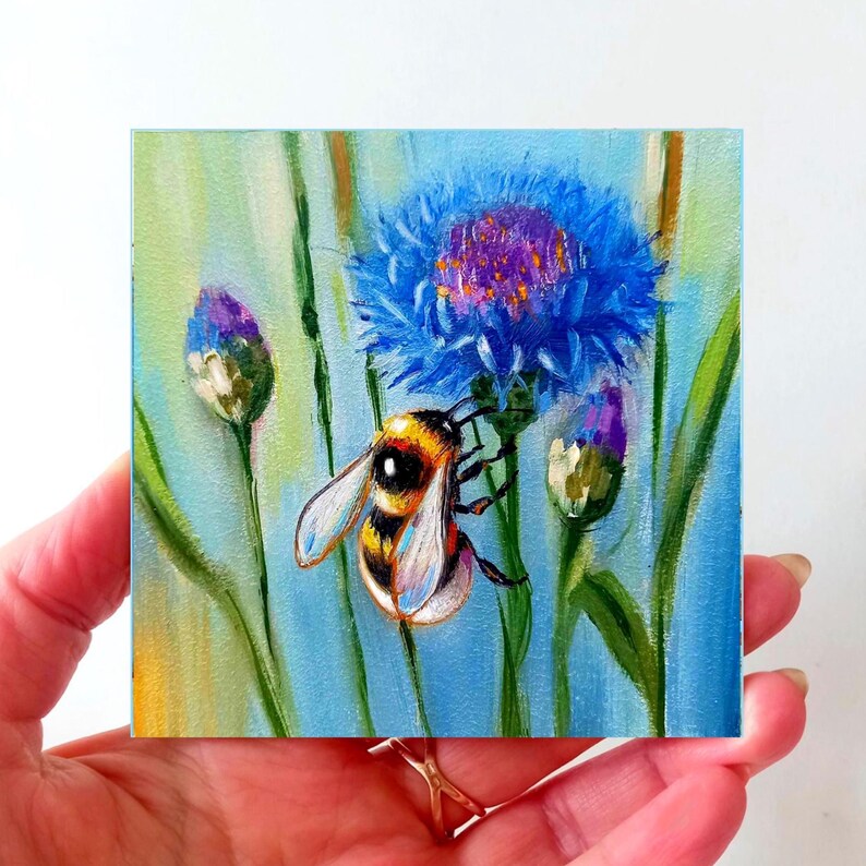 Bumblebee Oil Painting Original, Cornflower Floral Wall Art, Small Bee ...