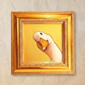 Pintura a óleo de um ganso engraçado em moldura dourada, animais divertidos, arte de parede com pássaros, 10 x 10 cm
